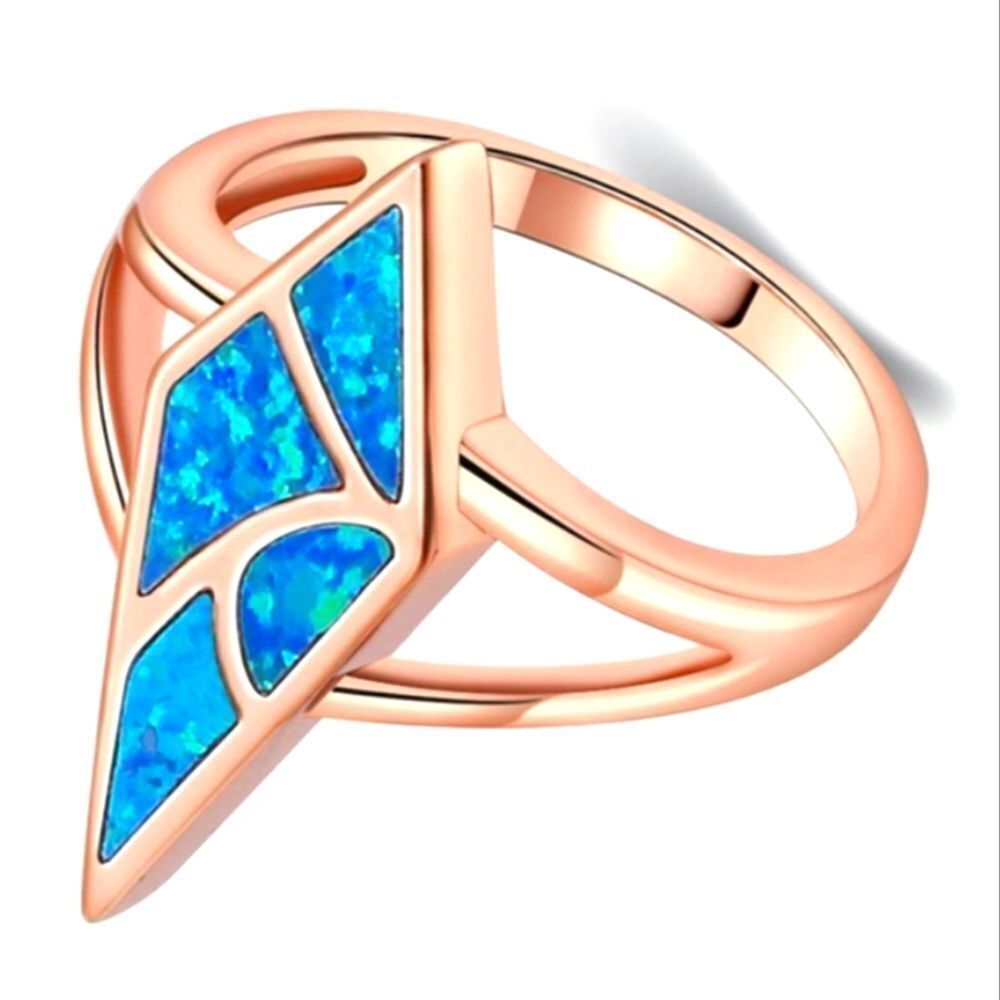 Rose gold diamond shape blue fire opalite ring